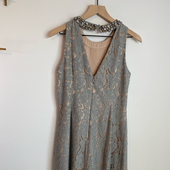 ELIZA J Grey Lace Dress With Jeweled Neckline | Size 6 | Wedding/Cocktail - Picture 9 of 15